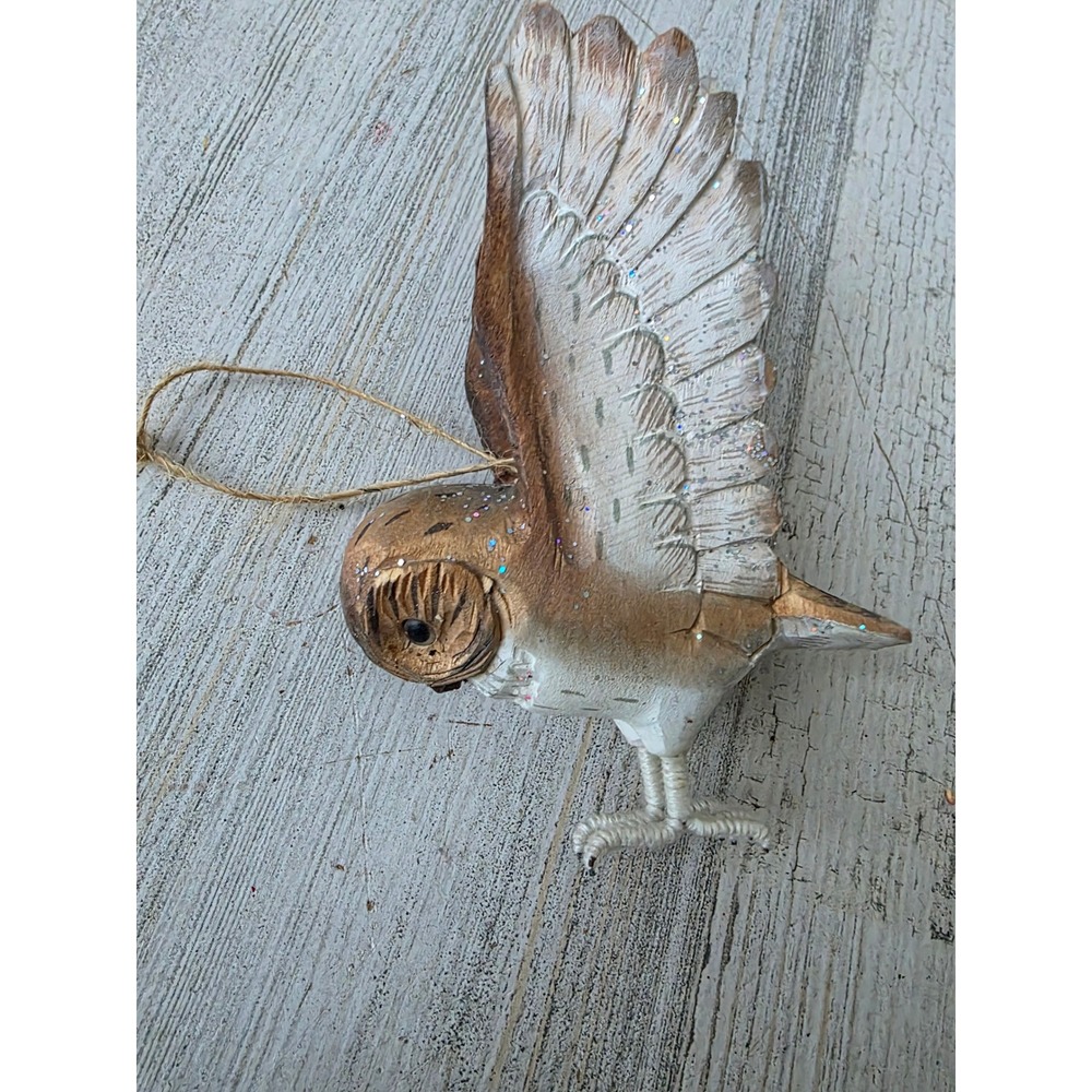 Wooden owl glitter ornament lifelike realistic Xmas tree sparkle